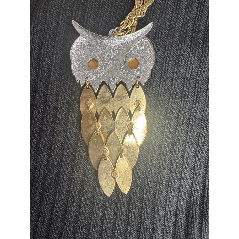 Vintage Two Tone Owl Necklace‎ On Gold Tone Chain